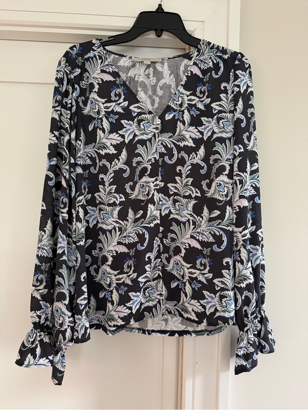 LOFT Black Floral V-Neck Long-Sleeve Blouse